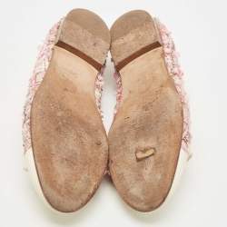 Pre Owned Chanel Pink/Off White Tweed and Leather CC Cap Toe Bow Ballet Flats Size 37