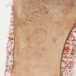 Pre Owned Chanel Pink/Off White Tweed and Leather CC Cap Toe Bow Ballet Flats Size 37