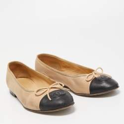 Chanel Beige/Black Leather CC Bow Cap Toe Ballet Flats Size 37