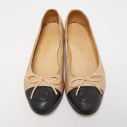Chanel Beige/Black Leather CC Bow Cap Toe Ballet Flats Size 37