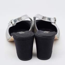 Pre Owned Chanel Silver/Black Canvas and Leather CC Slingback Pumps Size 36.5