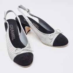 Pre Owned Chanel Silver/Black Canvas and Leather CC Slingback Pumps Size 36.5