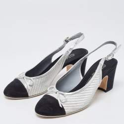 Pre Owned Chanel Silver/Black Canvas and Leather CC Slingback Pumps Size 36.5