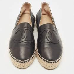 Chanel Black Leather CC Cap Toe Espadrilles Flats Size 38