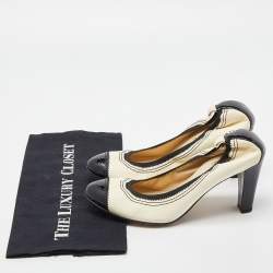 Pre Owned Chanel Beige/Black Leather and Patent CC Cap Toe Scrunch Block Heel Pumps Size 40.5