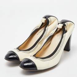 Pre Owned Chanel Beige/Black Leather and Patent CC Cap Toe Scrunch Block Heel Pumps Size 40.5