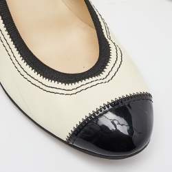 Pre Owned Chanel Beige/Black Leather and Patent CC Cap Toe Scrunch Block Heel Pumps Size 40.5