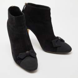 Chanel Black Suede and Canvas Zip Bow Cap Booties Size 39.5