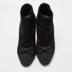 Chanel Black Suede and Canvas Zip Bow Cap Booties Size 39.5