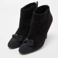 Chanel Black Suede and Canvas Zip Bow Cap Booties Size 39.5