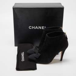 Chanel Black Suede and Canvas Zip Bow Cap Booties Size 39.5