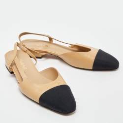 Pre Owned Chanel Beige/Black Leather and Canvas CC Cap Toe Slingback Pumps Size 36