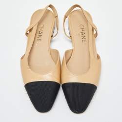 Pre Owned Chanel Beige/Black Leather and Canvas CC Cap Toe Slingback Pumps Size 36