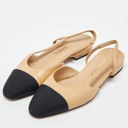 Pre Owned Chanel Beige/Black Leather and Canvas CC Cap Toe Slingback Pumps Size 36