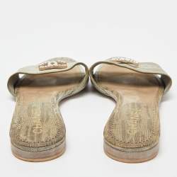 Pre Owned Chanel Olive Green Lizard Embossed Leather Pearl Embellished CC Flat Slides Size 38