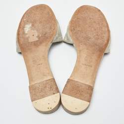 Pre Owned Chanel Olive Green Lizard Embossed Leather Pearl Embellished CC Flat Slides Size 38