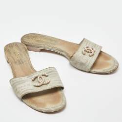 Pre Owned Chanel Olive Green Lizard Embossed Leather Pearl Embellished CC Flat Slides Size 38