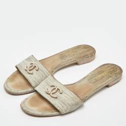 Pre Owned Chanel Olive Green Lizard Embossed Leather Pearl Embellished CC Flat Slides Size 38