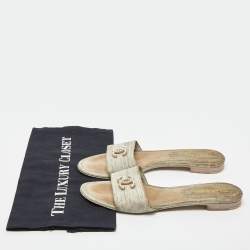Pre Owned Chanel Olive Green Lizard Embossed Leather Pearl Embellished CC Flat Slides Size 38
