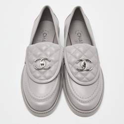 Pre Owned Chanel Grey Quilted Leather CC Turnlock Loafers Size 38.5