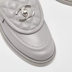 Pre Owned Chanel Grey Quilted Leather CC Turnlock Loafers Size 38.5
