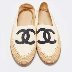 Pre Owned Chanel Cream Leather and Raffia CC Espadrille Flats Size 41