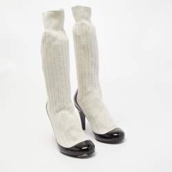 Chanel Two Tone Patent Leather and Fabric Sock CC Booties Size 37.5