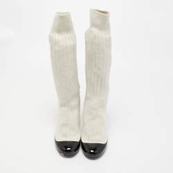 Chanel Two Tone Patent Leather and Fabric Sock CC Booties Size 37.5
