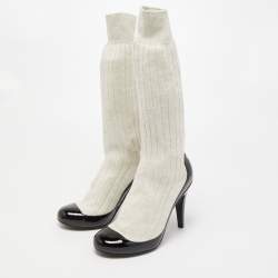 Chanel Two Tone Patent Leather and Fabric Sock CC Booties Size 37.5