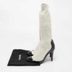Chanel Two Tone Patent Leather and Fabric Sock CC Booties Size 37.5