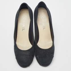 Pre Owned Chanel Black Suede CC Cap Toe Pumps Size 38.5