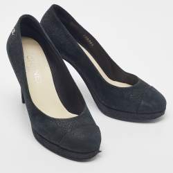 Pre Owned Chanel Black Suede CC Cap Toe Pumps Size 38.5