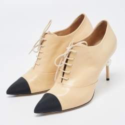 Chanel Beige/Black Leather and Canvas CC Faux Pearl Lace Up Booties Size 40