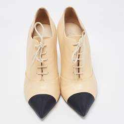 Chanel Beige/Black Leather and Canvas CC Faux Pearl Lace Up Booties Size 40