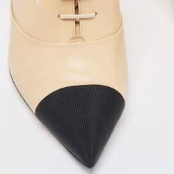 Chanel Beige/Black Leather and Canvas CC Faux Pearl Lace Up Booties Size 40