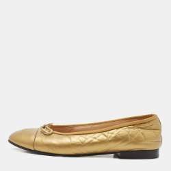 Pre Owned Chanel Gold Leather CC Ballet Flats Size 38