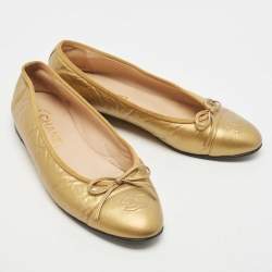 Pre Owned Chanel Gold Leather CC Ballet Flats Size 38