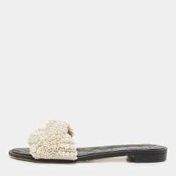 Chanel White Leather and Pearl Embellished Slides Size 40