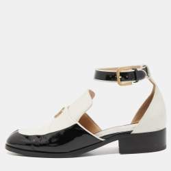 Chanel Black/Cream Patent and Leather Cutout Loafers Size 37.5