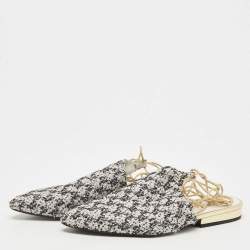 Chanel White/Black Tweed and Sequins Babouche Ankle Wrap Mules Size 35.5