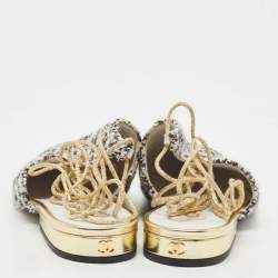 Chanel White/Black Tweed and Sequins Babouche Ankle Wrap Mules Size 35.5