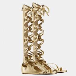 Pre Owned Chanel Metallic Gold Leather Gladiator Flat Sandals Size 36.5