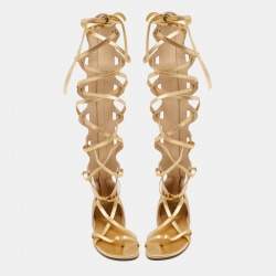 Pre Owned Chanel Metallic Gold Leather Gladiator Flat Sandals Size 36.5