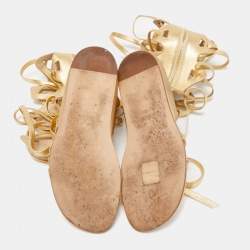 Pre Owned Chanel Metallic Gold Leather Gladiator Flat Sandals Size 36.5