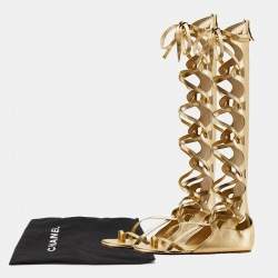 Pre Owned Chanel Metallic Gold Leather Gladiator Flat Sandals Size 36.5