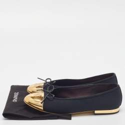 Chanel Black/Gold Canvas and Leather CC Cap Toe Bow Ballet Flats Size 38.5