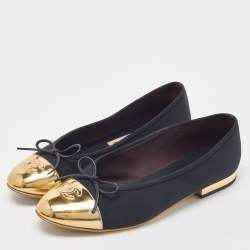 Chanel Black/Gold Canvas and Leather CC Cap Toe Bow Ballet Flats Size 38.5