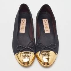Chanel Black/Gold Canvas and Leather CC Cap Toe Bow Ballet Flats Size 38.5