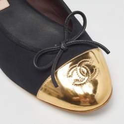 Chanel Black/Gold Canvas and Leather CC Cap Toe Bow Ballet Flats Size 38.5