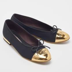 Chanel Black/Gold Canvas and Leather CC Cap Toe Bow Ballet Flats Size 38.5
